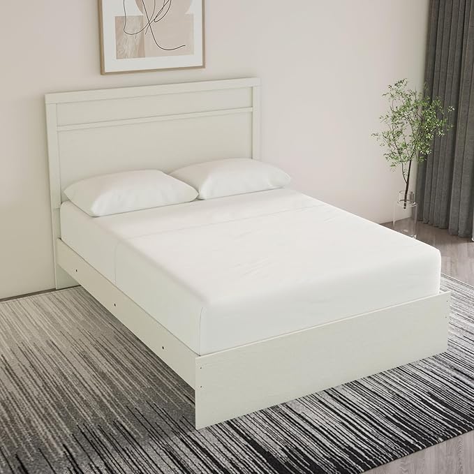 Signature Design by Ashley Stelsie Vintage Queen Panel Bed with Metal Slats, Foundation or Box Spring Needed, White