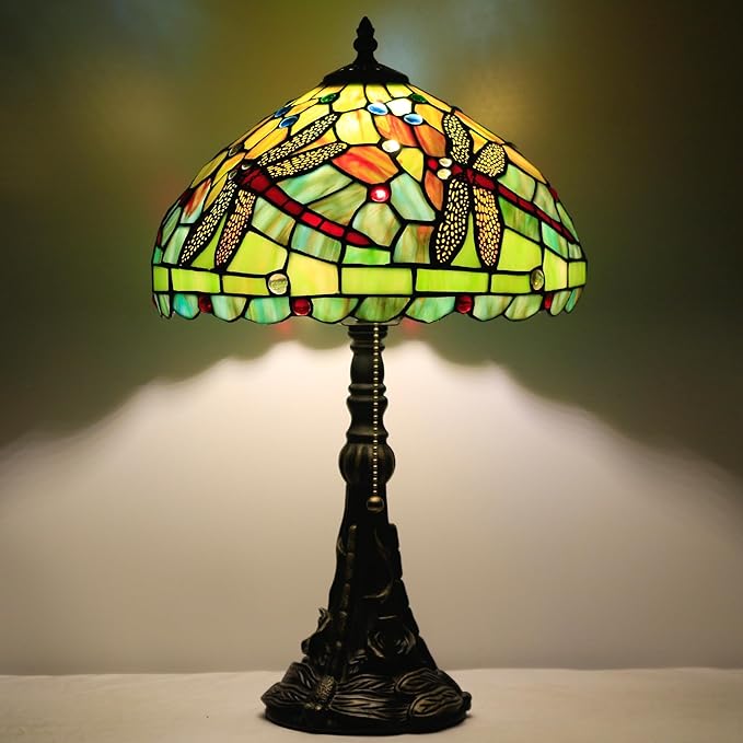Tiffany Table Lamp Stained Glass Lamp 12X12X19 Inch Antique Reading Light (Green Red Dragonfly)
