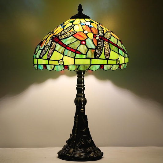 Tiffany Table Lamp Stained Glass Lamp 12X12X19 Inch Antique Reading Light (Green Red Dragonfly)