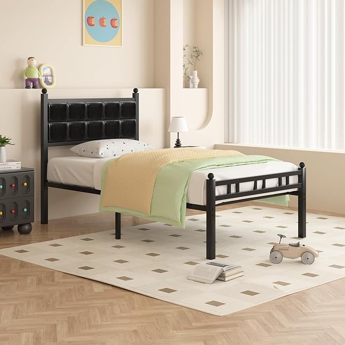 VECELO Twin Metal Bed Frame, Faux PU Leather Platform Beds with Upholstered Headboard and Footboard, Strong Slats Support, 12" Underbed Storage, Noise-Free, No Boxing Spring Needed, PU Black