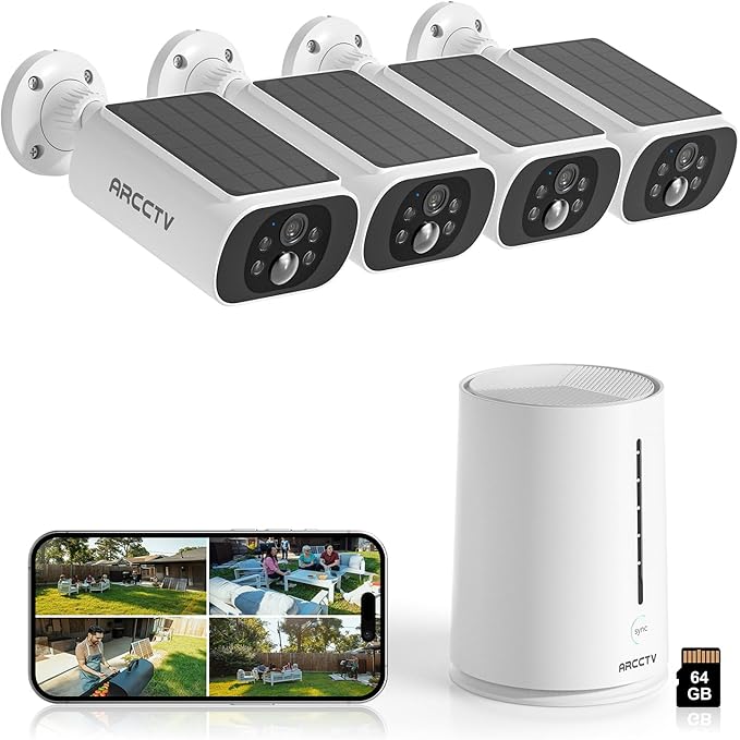 Solar Security Cameras Wireless Outdoor, 4 Cam-Kit, 4MP Solar Security Camera Wireless System, Color Night Vision, Motion Detection, No Monthly Fee, 64GB Memory Card