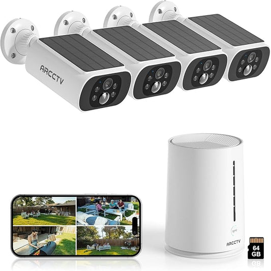 Solar Security Cameras Wireless Outdoor, 4 Cam-Kit, 4MP Solar Security Camera Wireless System, Color Night Vision, Motion Detection, No Monthly Fee, 64GB Memory Card