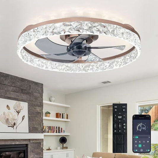 Depuley Bedroom Ceiling Fans with Lights: 20" Modern Low Profile Flush Mount Bladeless Ceiling Fan with App Remote Control - Brown Fandelier for Living Room Kitchen Dimmable Quiet DC Motor