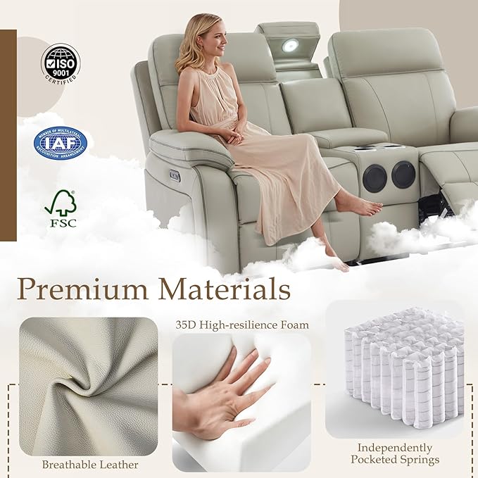 Power Reclining Sofa Set with LED Reading Light/Storage Drawer, Power Loveseat Recliner Sofa, Reclining Loveseat with Bluetooth Speakers/Outlets/Breathing Leather (Grey, Sofa+Loveseat)
