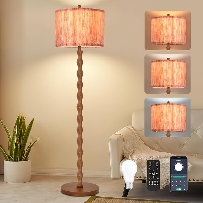 Wood Floor Lamps for Living Room Boho Farmhouse Floor Lamp with Remote Control,Dimmable LED Floor Lamp Mid Century Modern Standing Lamp with 3 Color Temperature Tall Floor Lamps For Bedroom Corner
