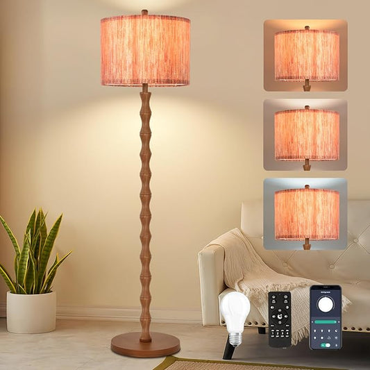 Wood Floor Lamps for Living Room Boho Farmhouse Floor Lamp with Remote Control,Dimmable LED Floor Lamp Mid Century Modern Standing Lamp with 3 Color Temperature Tall Floor Lamps For Bedroom Corner