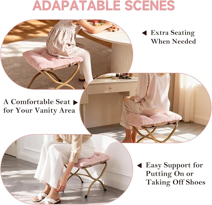 Dorm Chair with Ottoman, X-Large Soft Saucer Chair, Oversized Folding Faux Fur Accent Chair, Foldable Metal Frame Chair for Bedroom, Living Room (Pink)