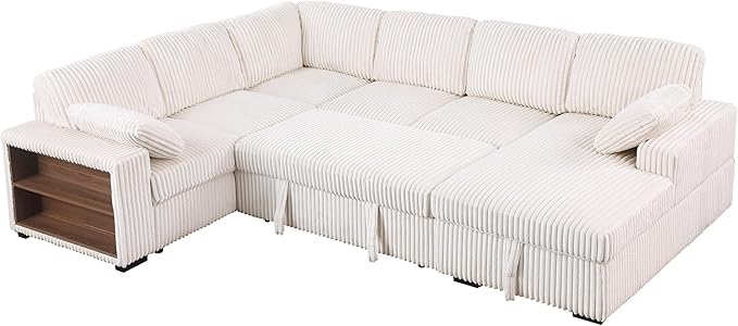 ERYE 117-Inch Oversized U-Shaped Pull Out Sleeper Couch Bed, Modern U Shaped Sleeper Sectional Sofa Corner Convertible Sofa Bed with Storage Chaise and Cabinet for Living Room