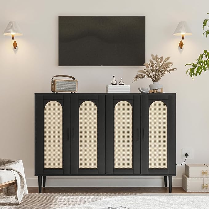 Rattan Sideboard Buffet Cabinet, Boho Accent Storage Cabinet, 4 Doors Console Table Coffee Bar with Power Outlet, Adjustable Shelves for Kitchen, Dining Room, Hallway, Living Room