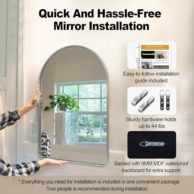 Andy Star Brushed Nickel Arched Mirror, 20x30 Arch Mirror, Brushed Nickel Bathroom Mirror, for Vanity,SUS304-Anti-Rust, Tube Frame, Wall-Mounted Vertical 1’’ Deep