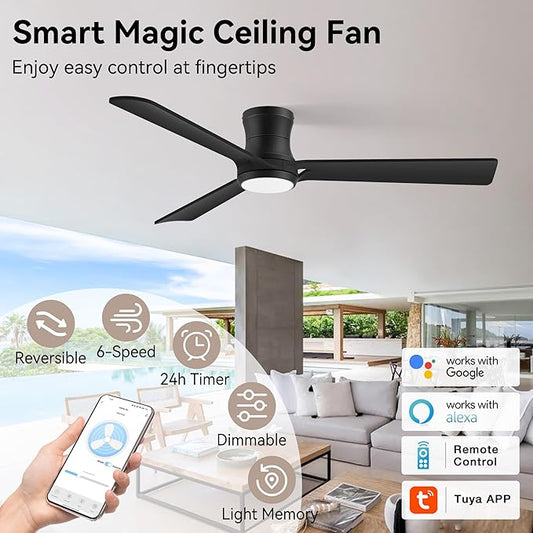 52inch Smart Ceiling Fans with Lights,Low Profile Black Wood Ceiling Fans,Remote/APP/Alexa Control,Modern Flush Mount Ceiling fan,Outdoor Indoor for Bedroom Living room Patio,3 Blade,Dimmable,Quiet