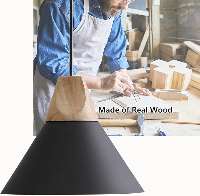 Modern Pendant Light,Solid Wood Matte Black Lampshade Style Ceiling Hanging Lamp,Pendant Lighting for Kitchen Island Dining Room Living Room Bedroom(Black-1 Pack)