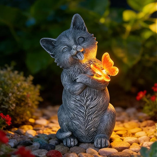 10 Inch Solar Cat Garden Statue with Butterfly LED Light - Unique Gifts for Mom Women Grandma, Sculpture Outdoor Decor for Patio, Porch, Yard, Lawn, Balcony