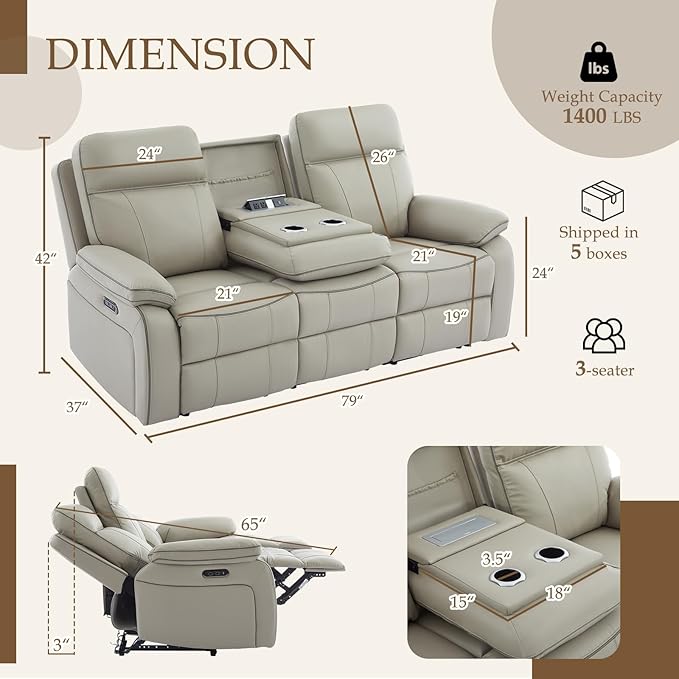 Power Reclining Sofa with Fold Down Table, Breathable Leather Electric Reclining Couch, Power Loveseat Recliner Sofa with Cup Holders/Outlets/USB-C/A Ports for Living Room(Grey, 3 Seat)