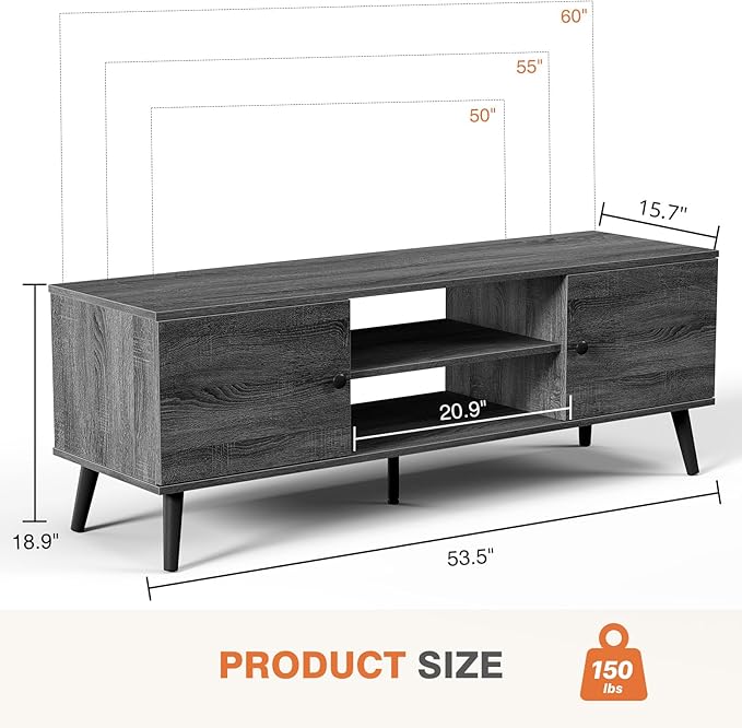 Sweetcrispy TV Stand for 55 60 inch TV, Modern Mid Century Entertainment Center with Storage, Media Console Table 2 Cabinet, Soft Hinge, Handle Door, Wooden Living Room, Office Furniture, Grey