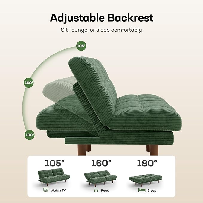 Marsail 65" Futon Sofa Bed, Convertible Small Recliner Sleeper Sofa Bed with Adjustable Backrest, Corduroy Loveseat Futon Couch for Small Apartments, Living Room Office, Guest Room (Green)