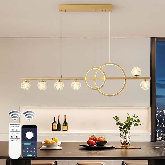 Modern Gold Chandeliers for Dining Room, 47in Dimmable LED Chandelier Linear Gold Pendant Light for Kitchen Island, Upgraded 6 Globe Hanging Pendant Chandelier Lighting (2 Rings, 4200lm)