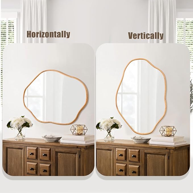 ULIKE Irregular Wall Mirror, 24x36 Inch Asymmetrical Wall Mirror with Solid Wood Frame, Mid-Century Modern Decor with Natural Wood, Vanity Mirrors for Bathroom Bedroom Living Room Entryway