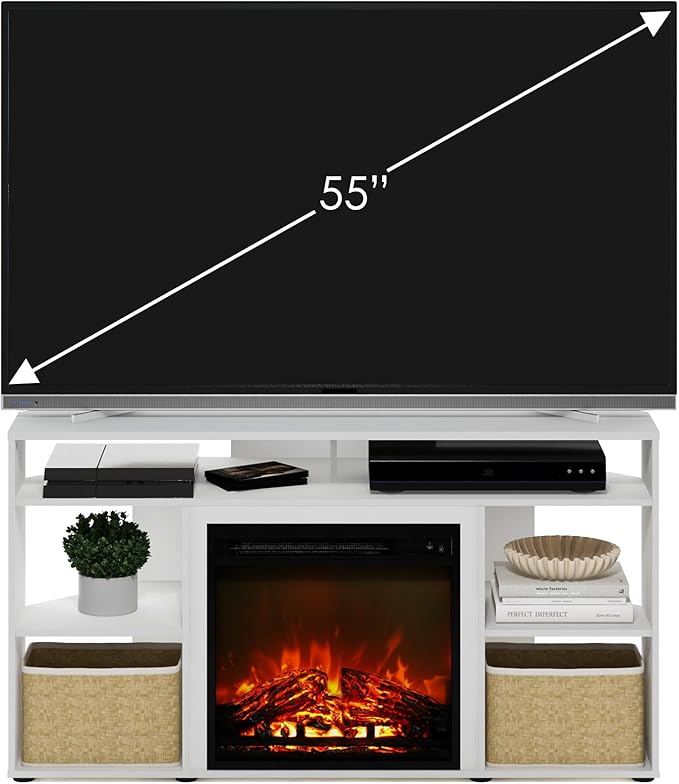 Furinno Jensen Corner Stand with Fireplace for TV up to 55 Inches, 55-Inch, Solid White