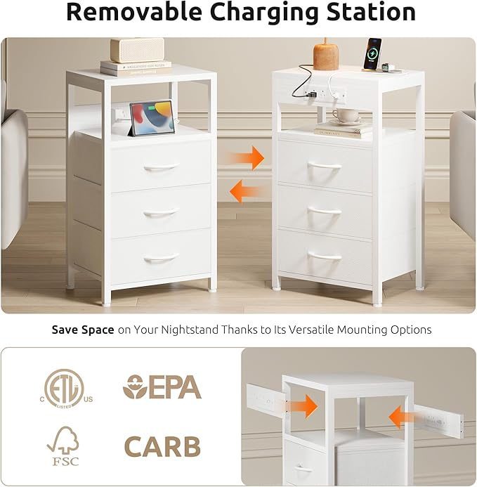 NightStand Bedside Charging Table Bedroom - White Night Stand with Charger Station, USB-C USB Ports & AC Outlets for Dorm, Modern End Table with Open Shelf & 3 Fabric Drawers