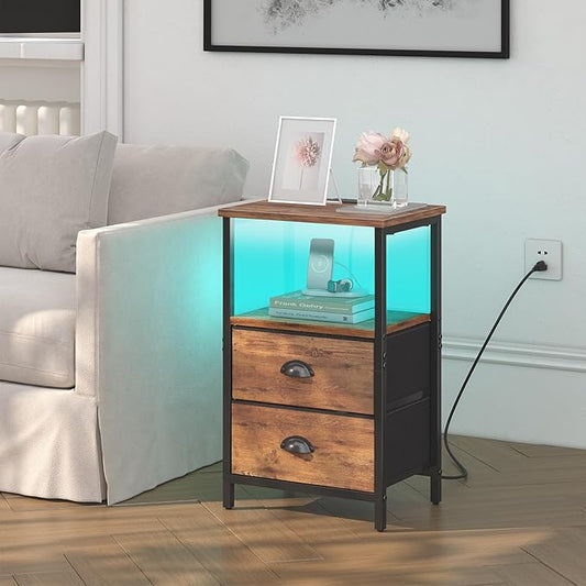 Rustic Brown Industrial Nightstand Set of 2, Bedside Table with 2 Fabric Drawers, 3-Tier Storage, LED Light, Charging Station, 11.38''D * 15.38''W* 24.75''H