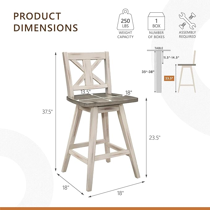 Lexicon Counter Height Stools Set of 2-Solid Wood Frame 360° Swivel Wooden Stools, Foot Rest, X Back, Wide Seat, Distressed Farmhouse Easy to Clean Finish, 24" SH, Antique White/Grey
