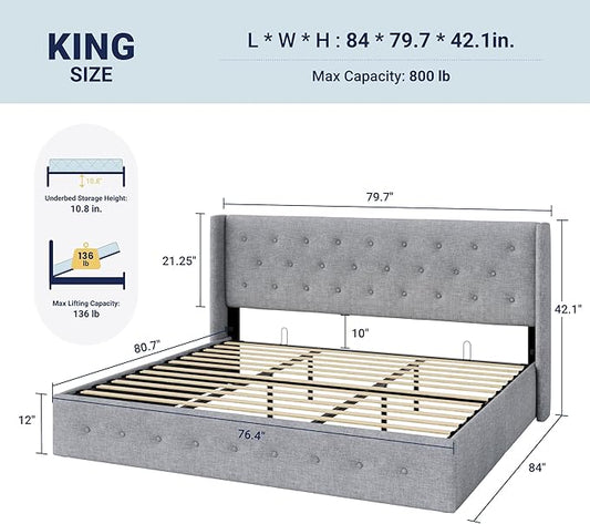 Allewie King Size Lift Up Storage Bed, Button Tufted Headboard with Wingback, Hydraulic Support, No Box Spring Needed, Light Grey