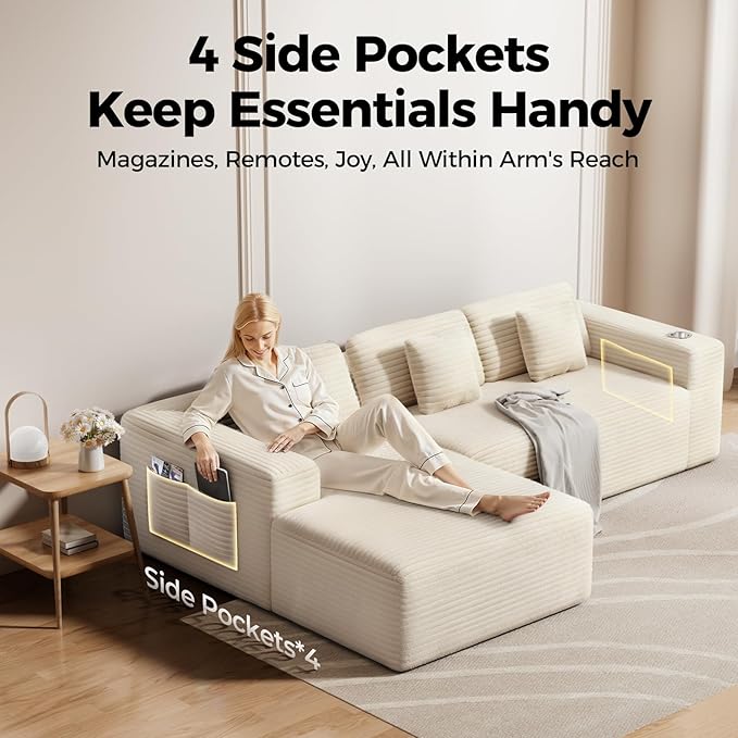 CAMMOO 108” Cloud Sectional Couch in One Box, Compressed Modular Sectional Sofa with Deep Seat, Corduroy Boneless Couches, L-Shaped Sofa for Living Room, 4 Storage Pockets(Left Facing Chaise, Beige)