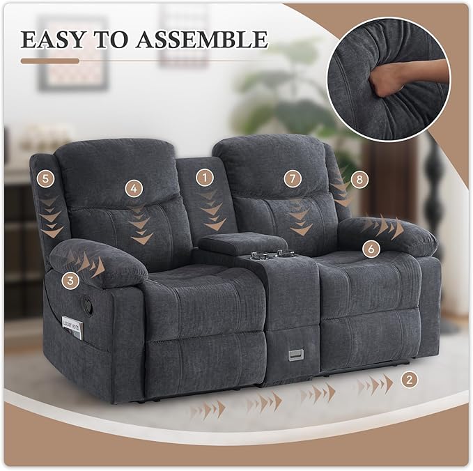 Loveseat Recliner Sofa, Manual Recliner Loveseat with Console, Modern Chenille Sofa Sleeper Deep Couches with Cup Holders and Side Pocket for Living Room/Office/Apartment (Grey) | Heating & Massage, Hidden Drawer