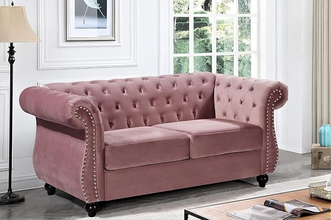 Container Furniture Direct Feinstein Modern Velvet Chesterfield Couches for Living Room with Nailheads, Diamond Tufting & Durable Metal Frame, Loveseat, Rose