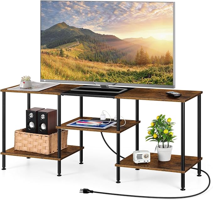 OYEAL Small TV Stand for Bedroom up to 50 inch Farmhouse TV Media Entertainment Center with Power Outlets & Storage Shelf Rustic TV Console Table for Living Room, Rustic Brown