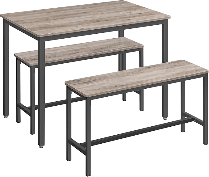 VASAGLE Dining Table Set for 4, Kitchen Table with 2 Benches, 43.3 x 27.6 x 29.5 Inches Dining Room Table, 38.2 x 11.8 x 19.7 Inches Bench, Heather Greige and Ink Black UKDT070B02