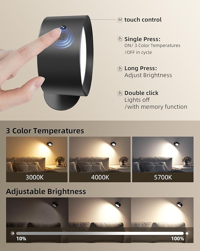 LED Wall Mounted Lights,Rechargeable Wall Sconces Lamp for Bedroom,3 Color Temps & Remote and Touch Control,360°Rotation Dimmable Cordless (2 Pack)