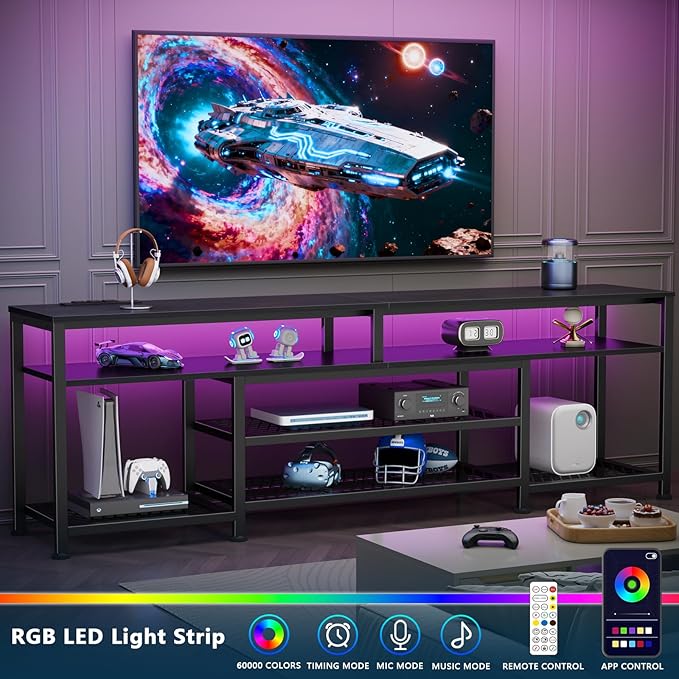 Furologee 71 Inch TV Stand with LED Lights, Entertainment Center with Power Outlets for 80 75 65 Inch TV, Media Console Table with Open Shelves, for Bedroom, Living Room, Black