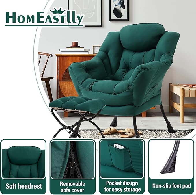 Lazy Chair with Ottoman, Large Dark Green Accent Chair with Ottoman, Comfy Reading Armchair, Leisure Sofa Chair for Living Room, Bedroom, Dorm Room, Office