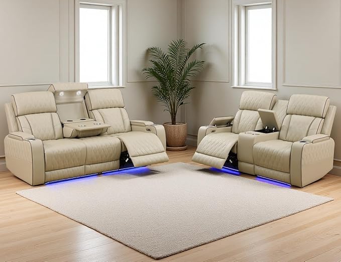 Leather Power Recliner Sofa Set, Living Room Furniture Sets, 2 Piece Reclining Sofa Set with Cup Holders, Modern Recliner Couches with Arm Storage/Coffee Table/Charging for Home/Office, Khaki