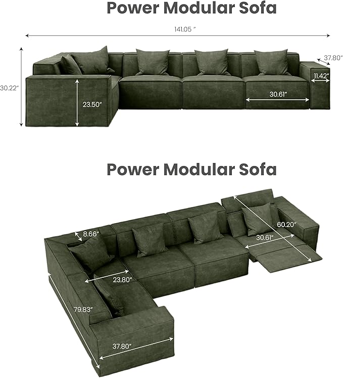 141" Power Sofa L-Shaped Couch,Modular Sectional Couches for Living Room,Modern Large Sofa with Recliners,Comfy Velvet Cloud Couch with Deep Seat,Pet Friendly for Home Office(Green)