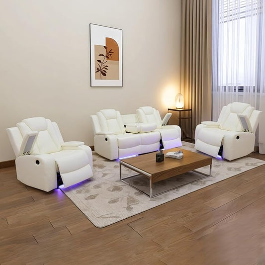 Power Recliner Sofa Set, Breathing Leather Reclining Couch Set, Leather Couch and 2 Recliner Chairs Set with LED Lights/Charging Ports/Storage for Home/Office (Creamy White, Sofa+2 Chairs)