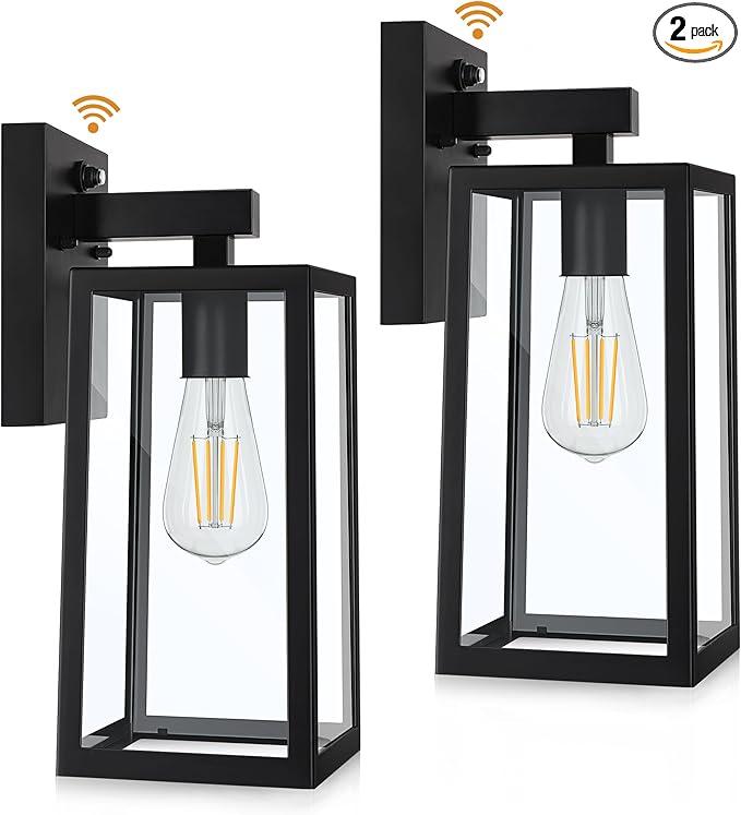 SHINE HAI Dusk to Dawn Outdoor Wall Lantern, Exterior Sconce Fixtures with E26 Sockets & Glass Shades, Waterproof Porch Wall Mount Lighting, Outdoor Lantern for Patio Front Door Entryway, 2 Pack