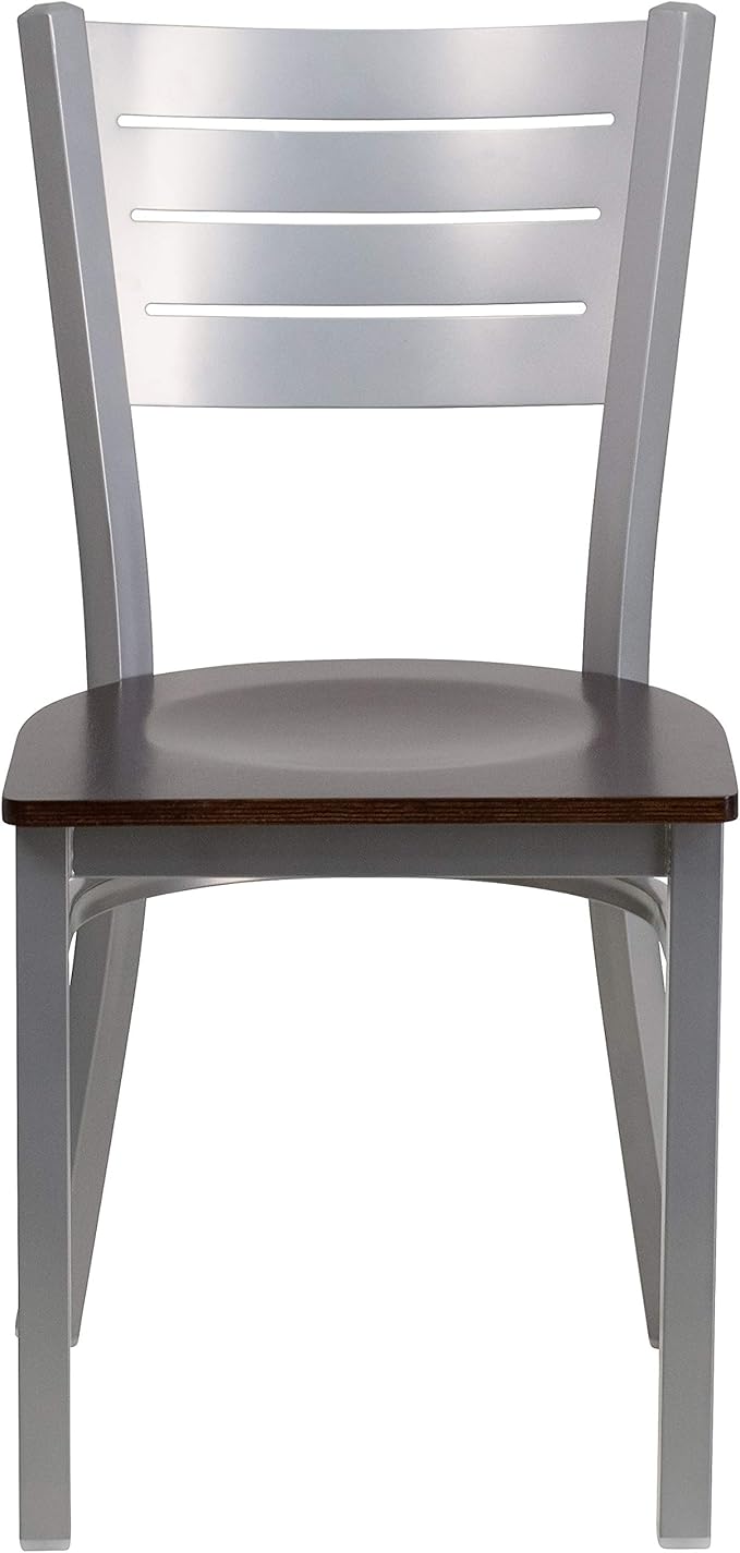 Flash Furniture HERCULES Series Silver Slat Back Metal Restaurant Chair - Walnut Wood Seat