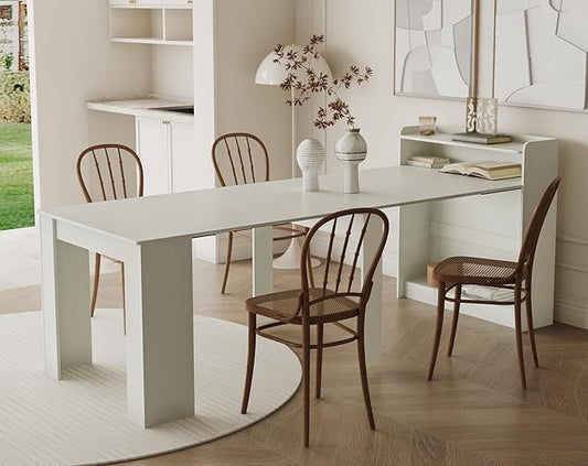 KEIKI 30”-99”L Extendable Foldable Dining Room Table with Storage for 1-10 People, Wood Modern Rustic Rectangle Expandable Kitchen Living Meeting Room Furniture, 5 Tabletop Length Options, White