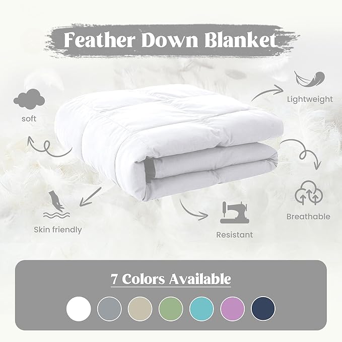 puredown® Soft Feather Down Blanket Lightweight Packable Down & Feather Fill Blanket for Indoor and Outdoor Use, Queen Size Blankets, 88"X90", Pure White