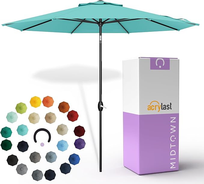 Midtown Umbrellas – The Lean 8 Ft Patio Umbrella with 10-Year-No-Fade Acrylast Acrylic Fabric, Auto-Tilt and 8 Reinforced Ribs for Deck, Pool, Garden, Hotel & Cafes – Azure Canopy, Black Pole