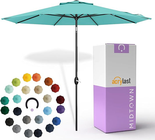Midtown Umbrellas – The Lean 9 Ft Patio Umbrella with 10-Year-No-Fade Acrylast Acrylic Fabric, Auto-Tilt and 8 Reinforced Ribs for Deck, Pool, Garden, Hotel & Cafes – Azure Canopy, Black Pole