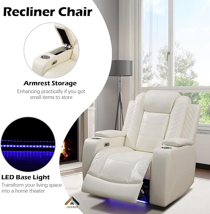 Power Reclining Sofa Set for Living Room, Leather Recliner Couch Set with Drop-Down Table, Power Pads, Cup Holders, Storage Console for House/Home Teather(Sofa, Loveseat and Chiar, Cream)