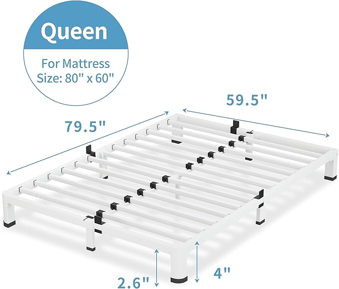 4 Inch White Queen Bed Frame, 3500Lbs Heavy Duty Metal Platform with Round Corner Legs Mattress Slide Stopper, Steel Slat Support No Box Spring Needed, Noise Free, Non-Slip, Easy Assembly