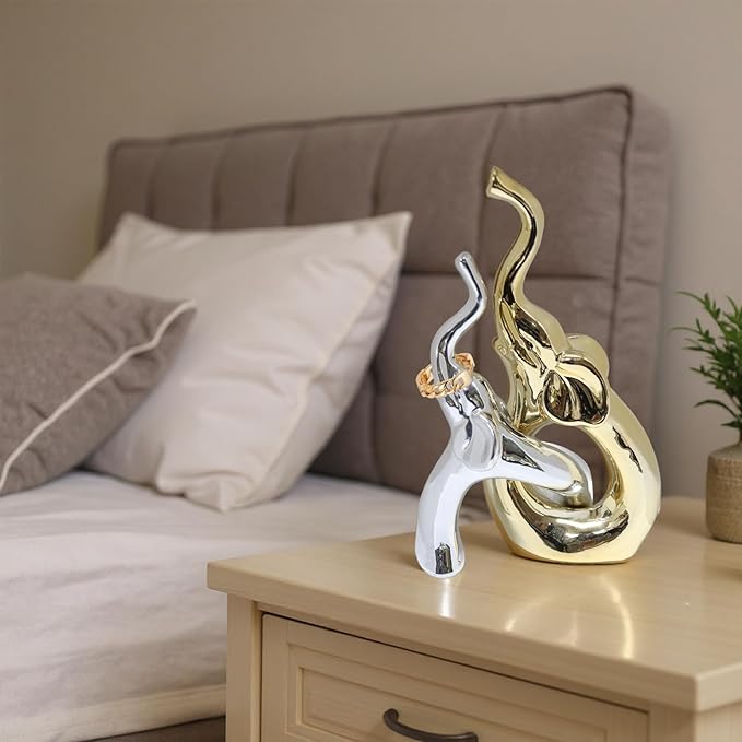 Zerzsy Loving Pair of Small Gold & Silver Elephants Statues, Modern Ceramic Sculptures Home Decor, Figurine Decorative Ornaments for Bedroom, Office Desktop, Shelf-Set of 2