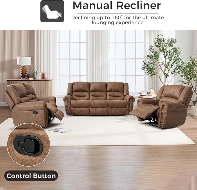 EBELLO Manual Recliner Sofa Set, Faux Leather Reclining Living Room Set, Included Two Single Recliner Chairs and One 3-seat Manual Sofa, Vintage Rivet Mid-Century Design for Living Room, Brown