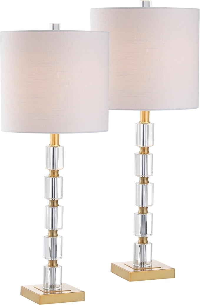 JONATHAN Y 28.5" Clear and Brass Gold Crystal Table Lamp Set of 2, Modern Glam Geometric Bedside Lamps for Living Room, White Linen Drum Shade, UL Listed, LED Bulbs Included JYL5001A-SET2