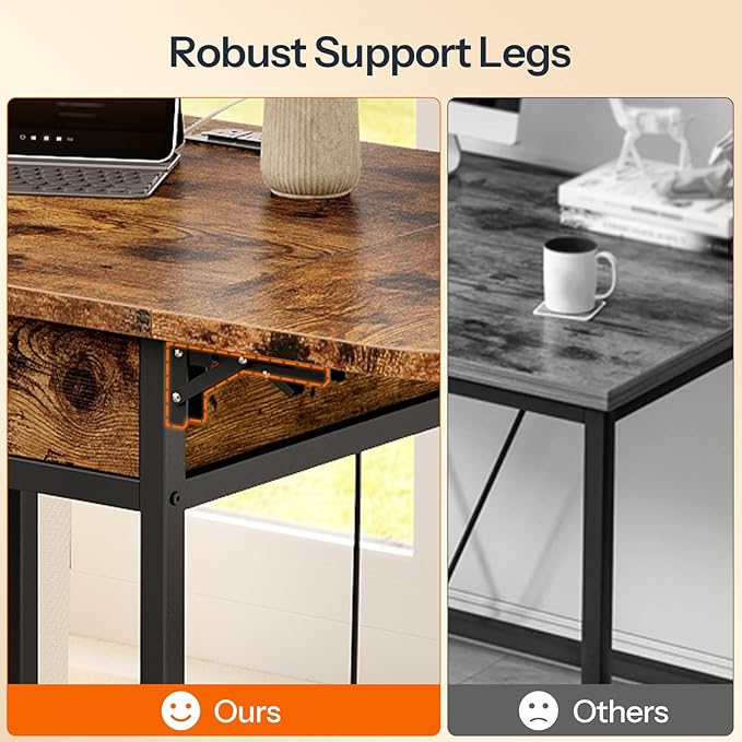 HOOBRO Bar Table, Folding Dining Table, 47.2-Inch Kitchen Table, Drop Leaf Extendabl Table with Outlets, Storage Drawer & Adjustable Feet for Kitchen, Rustic Brown and Black BF126UBT01